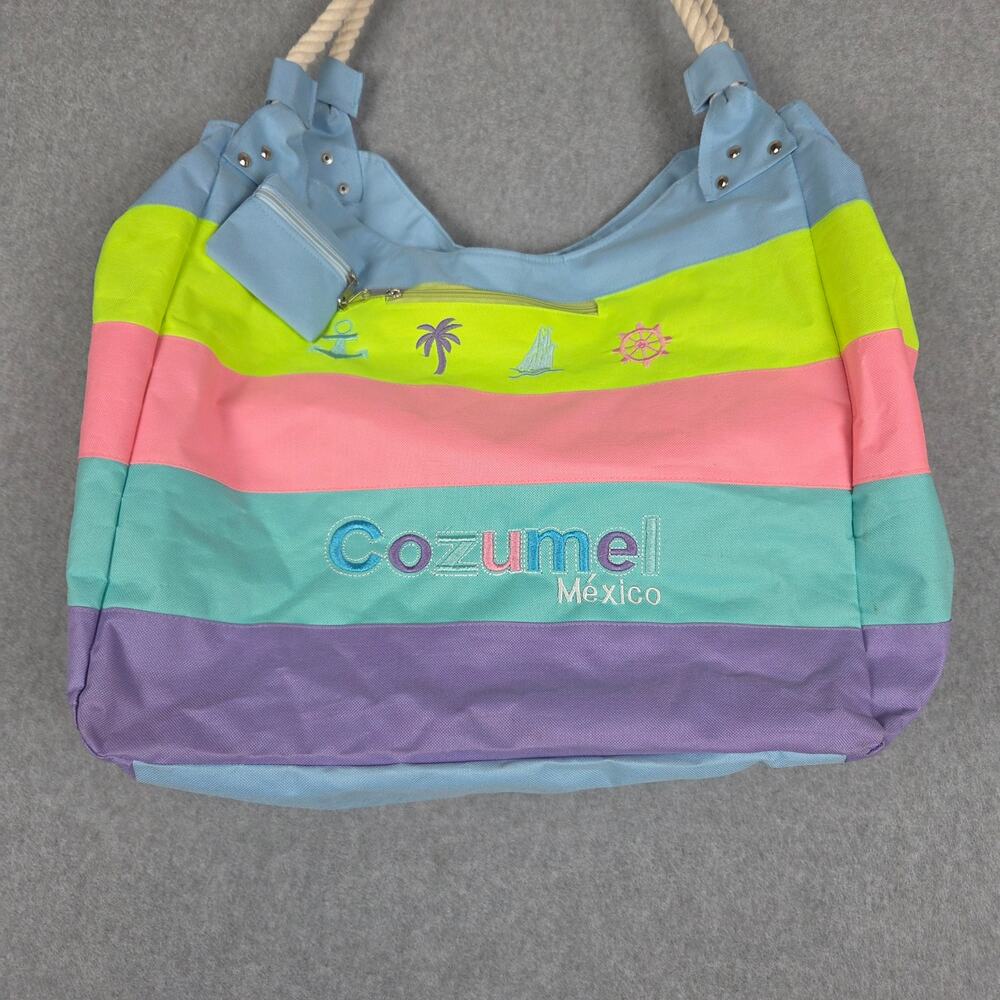 🌼Cozumel Mexico Tote Bag Stripe Rope Handles Zippered attached Coin Purse - Picture 3 of 15